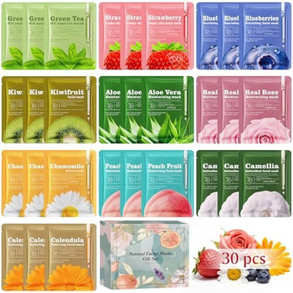 Aottom 30-Piece Face Mask Set: Natural Sheet Masks for Skincare, Spa Gift for Women Avelisse
