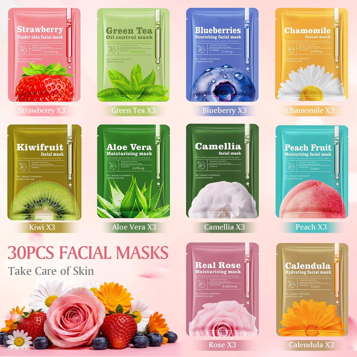 Aottom 30-Piece Face Mask Set: Natural Sheet Masks for Skincare, Spa Gift for Women Avelisse