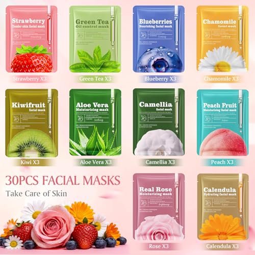 Aottom 30-Piece Face Mask Set: Natural Sheet Masks for Skincare, Spa Gift for Women Avelisse