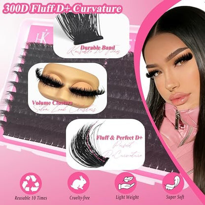 300D Lash Clusters D+ Curve Mega Volume 10-18mm Eyelash Clusters Huge Plus Pack 280pcs Reusable Wispy Lashes Matte Black by Hiklasy