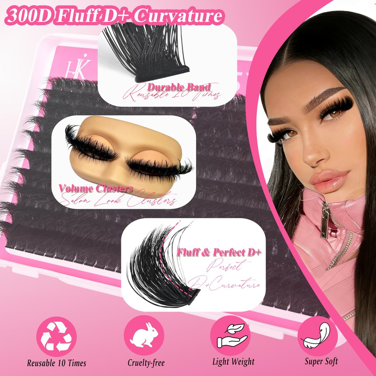300D Lash Clusters D+ Curve Mega Volume 10-18mm Eyelash Clusters Huge Plus Pack 280pcs Reusable Wispy Lashes Matte Black by Hiklasy - görsel 5