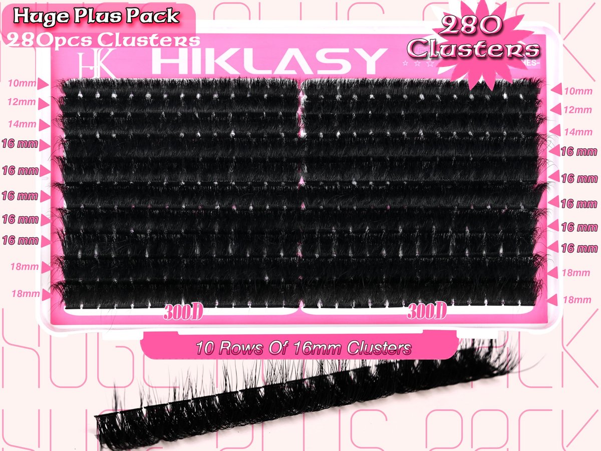300D Lash Clusters D+ Curve Mega Volume 10-18mm Eyelash Clusters Huge Plus Pack 280pcs Reusable Wispy Lashes Matte Black by Hiklasy - görsel 11