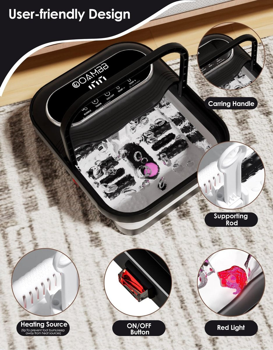 OOAMBB Collapsible Foot Spa with Heat, Bubbles & Temp Control - XL Touch Screen, Massage Rollers, Foot Bath Massager for Stress Relief (Black) Avelisse