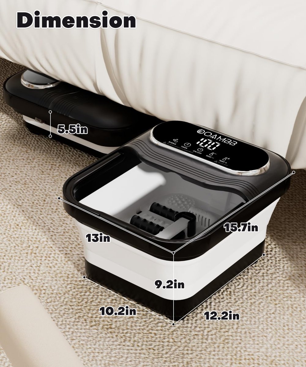 OOAMBB Collapsible Foot Spa with Heat, Bubbles & Temp Control - XL Touch Screen, Massage Rollers, Foot Bath Massager for Stress Relief (Black) Avelisse