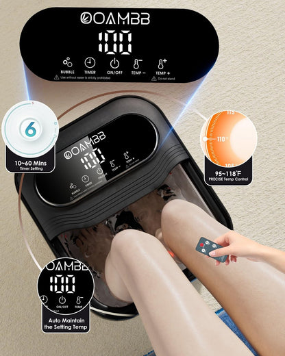 OOAMBB Collapsible Foot Spa with Heat, Bubbles & Temp Control - XL Touch Screen, Massage Rollers, Foot Bath Massager for Stress Relief (Black) Avelisse