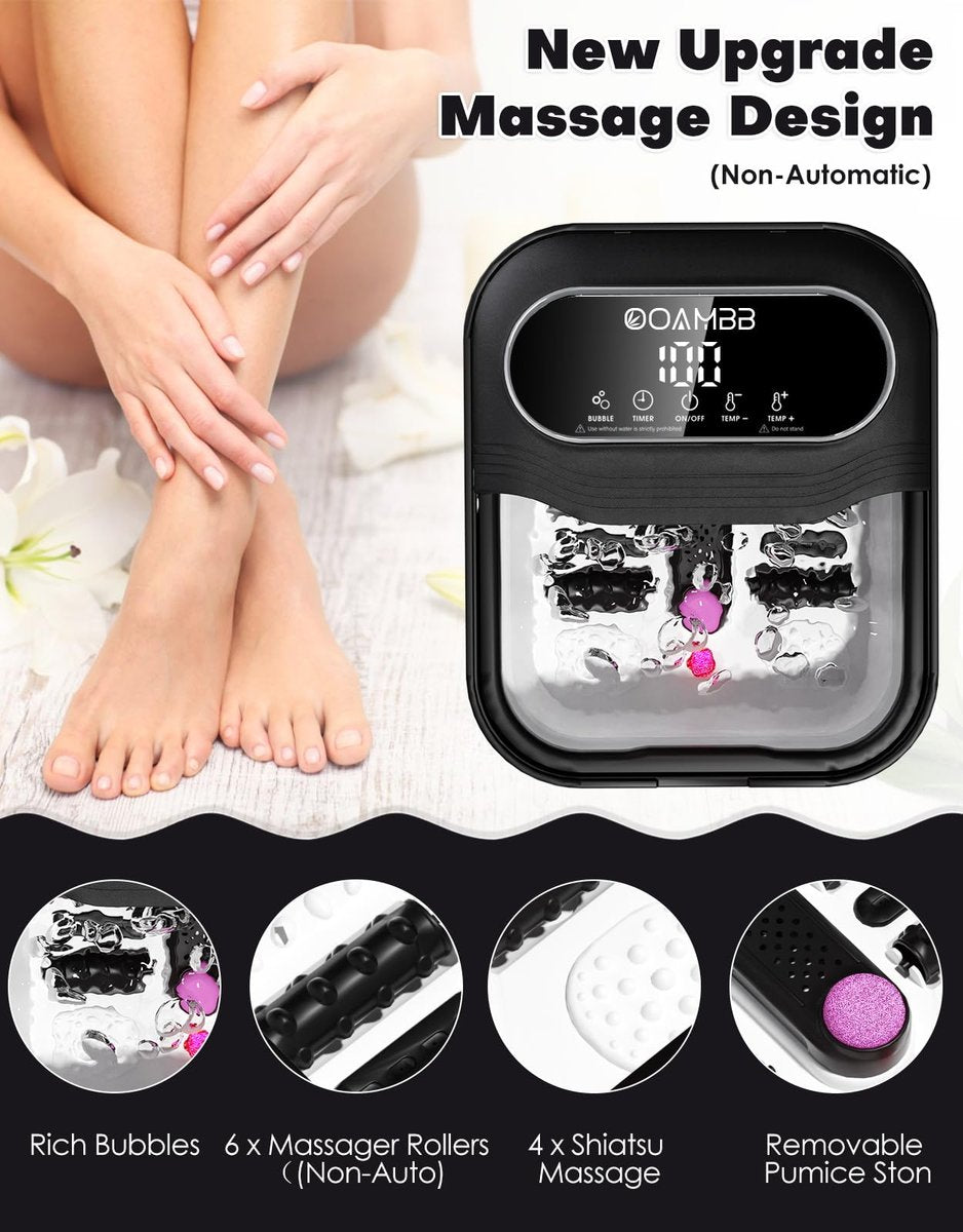 OOAMBB Collapsible Foot Spa with Heat, Bubbles & Temp Control - XL Touch Screen, Massage Rollers, Foot Bath Massager for Stress Relief (Black) Avelisse