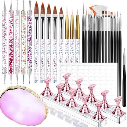 Teenitor 23-Piece Nail Art Brush Set with Dotting Tools, Nail Stand, Adhesive Tabs, Palette & Holder - Complete DIY Nail Art Kit for Beginners & Professionals (Black, Acrylic)