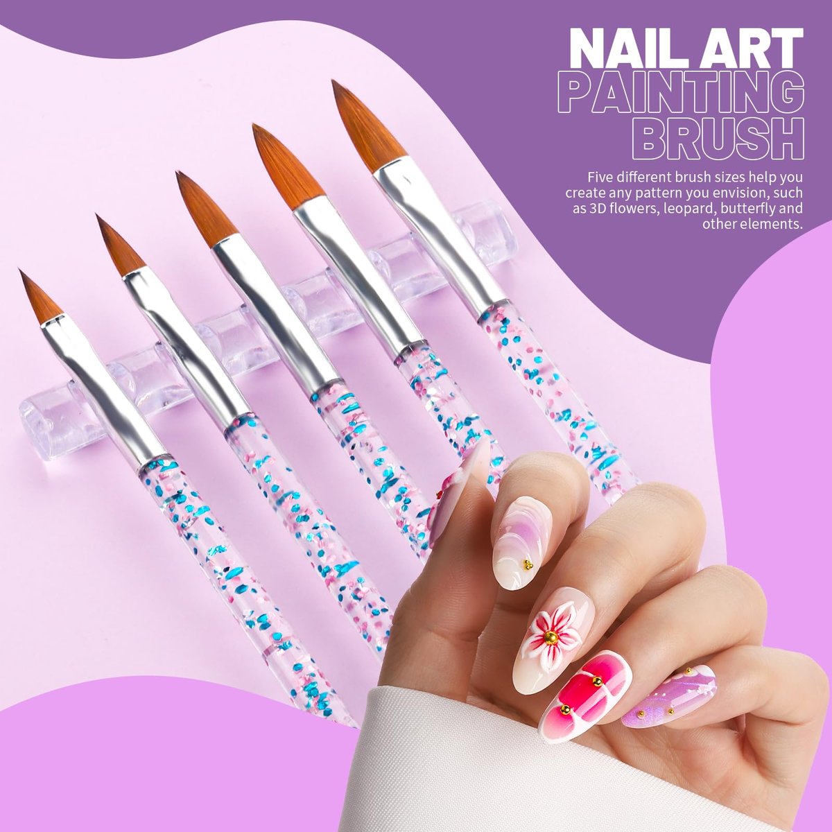 Teenitor 23-Piece Nail Art Brush Set with Dotting Tools, Nail Stand, Adhesive Tabs, Palette & Holder - Complete DIY Nail Art Kit for Beginners & Professionals (Black, Acrylic) - görsel 3