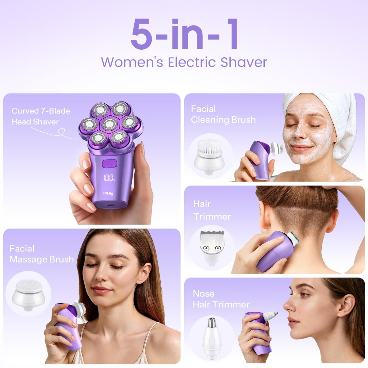 HiBig 5-in-1 Rechargeable Body Shaver for Women - 7D Wet & Dry Bikini Trimmer, IPX7 Waterproof Electric Razor for Legs, Underarms, Face, Pubic Hair Removal (Violet) Avelisse