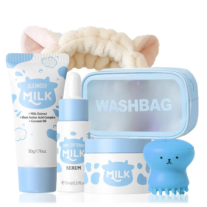 Milk Skincare Set for Girls 10-12 | Gentle Kids Face Wash Set with Cleanser, Serum, Cream, Face Brush, Headband & Washbag | All Skin Types Avelisse