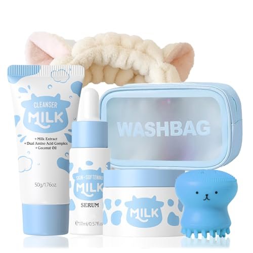 Milk Skincare Set for Girls 10-12 | Gentle Kids Face Wash Set with Cleanser, Serum, Cream, Face Brush, Headband & Washbag | All Skin Types Avelisse