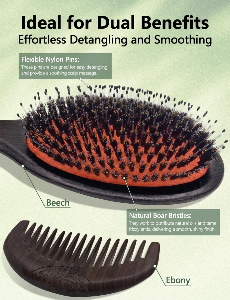 No Shampoo Hair Brush with Wide Tooth Comb - Boar Bristle Hair Brush Set for Dry and Wet Detangling, Enhances Shine Avelisse