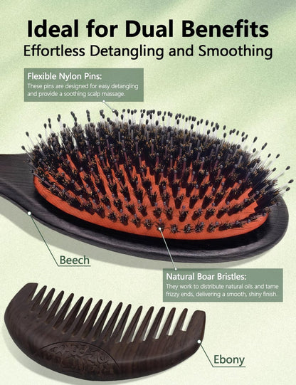 No Shampoo Hair Brush with Wide Tooth Comb - Boar Bristle Hair Brush Set for Dry and Wet Detangling, Enhances Shine Avelisse