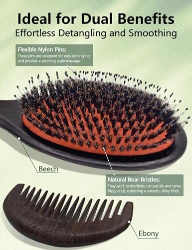No Shampoo Hair Brush with Wide Tooth Comb - Boar Bristle Hair Brush Set for Dry and Wet Detangling, Enhances Shine Avelisse