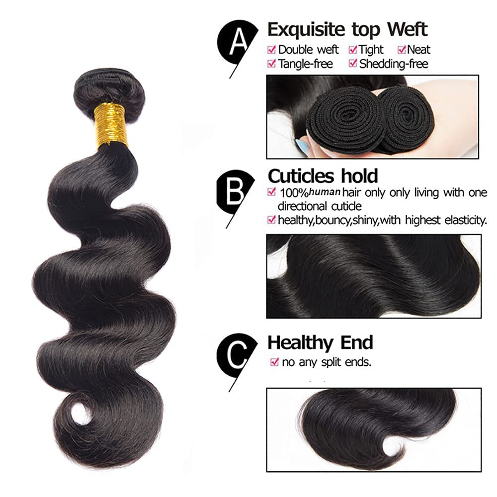 Shoaiye 100% Unprocessed Brazilian Virgin Remy Human Hair Bundles Body Wave 16 18 20 Inch #1B Black 3 Bundles 150g - görsel 5