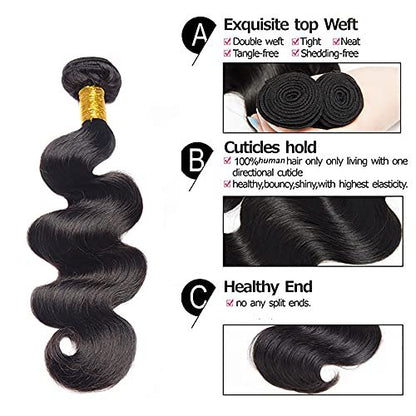Shoaiye 100% Unprocessed Brazilian Virgin Remy Human Hair Bundles Body Wave 16 18 20 Inch #1B Black 3 Bundles 150g
