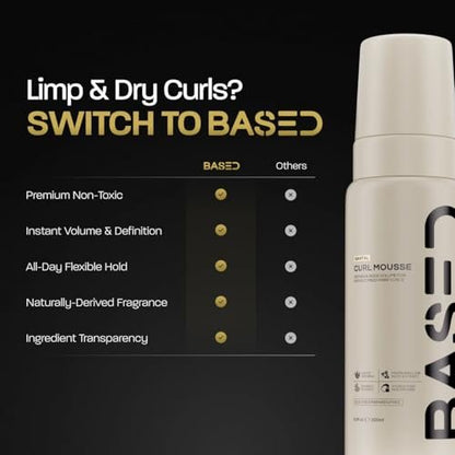 BASED Curl Mousse - Instant Volume & Definition with Flexible Hold - Lightweight Formula with Agave & Rice Protein - Non-Toxic, Silicone Free for All Curl Types (6.8 fl oz)