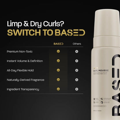 BASED Curl Mousse - Instant Volume & Definition with Flexible Hold - Lightweight Formula with Agave & Rice Protein - Non-Toxic, Silicone Free for All Curl Types (6.8 fl oz)