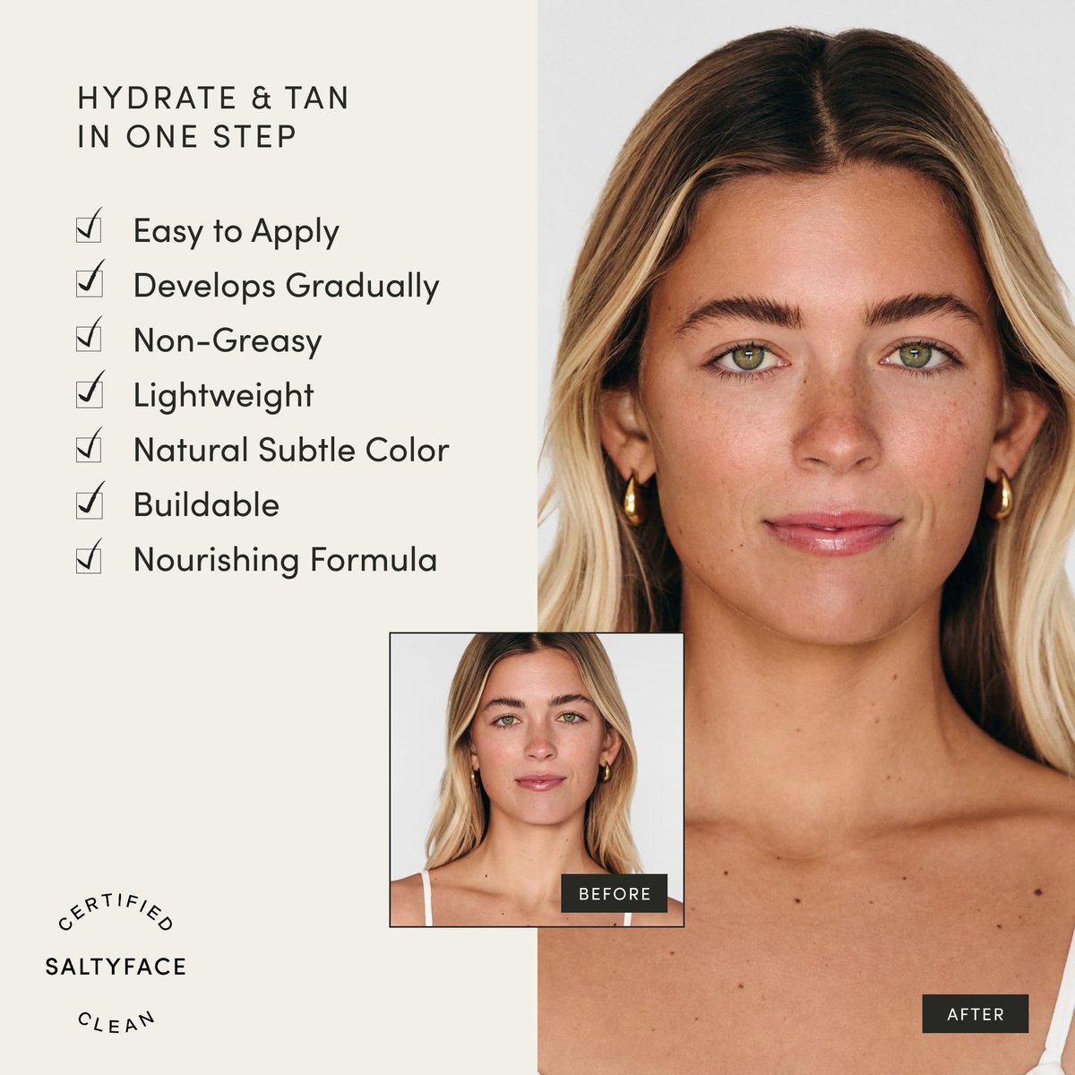 SALTYFACE Tanning Moisturizer - Natural Self Tanner for Face with Green Tea & Hyaluronic Acid - No Color Transfer - Vegan - 1.35 FL OZ Avelisse