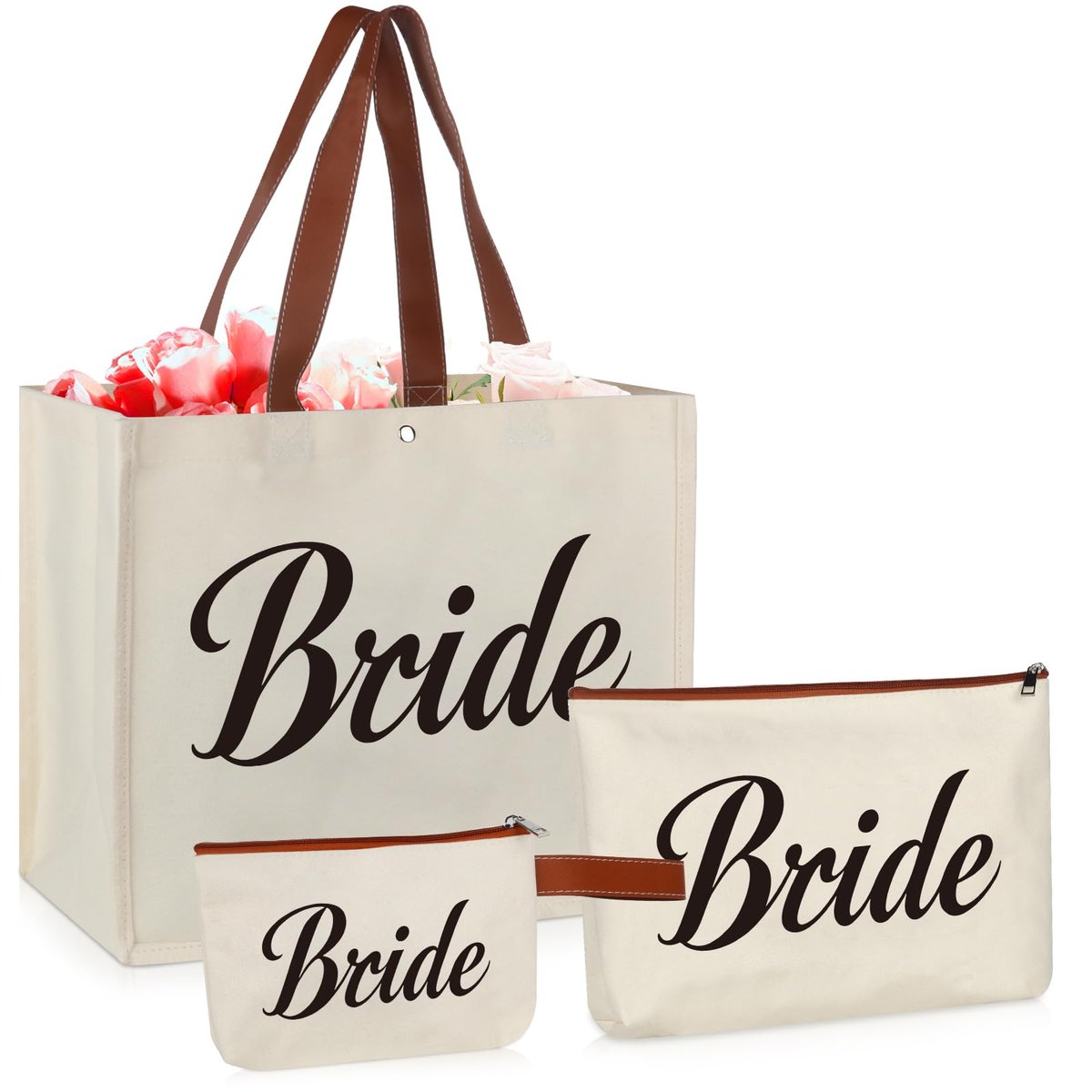 Lukeline Bride Gift Bag Set - 3 Pack Wedding Bride Gifts for Women, Canvas Tote Bag with Makeup Bag for Bridal Shower, Engagement (Beige) - görsel 1