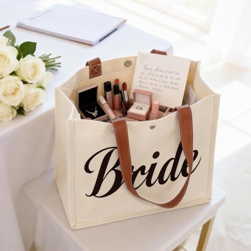 Lukeline Bride Gift Bag Set - 3 Pack Wedding Bride Gifts for Women, Canvas Tote Bag with Makeup Bag for Bridal Shower, Engagement (Beige) - görsel 6