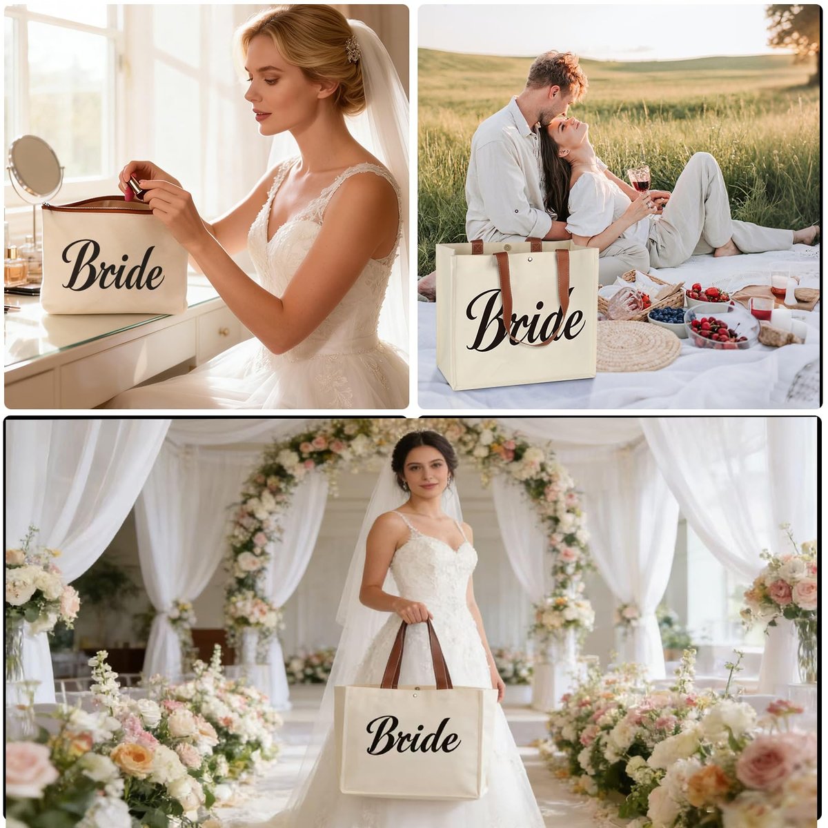 Lukeline Bride Gift Bag Set - 3 Pack Wedding Bride Gifts for Women, Canvas Tote Bag with Makeup Bag for Bridal Shower, Engagement (Beige) - görsel 3