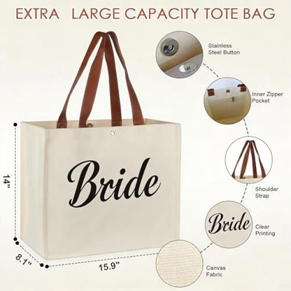 Lukeline Bride Gift Bag Set - 3 Pack Wedding Bride Gifts for Women, Canvas Tote Bag with Makeup Bag for Bridal Shower, Engagement (Beige)