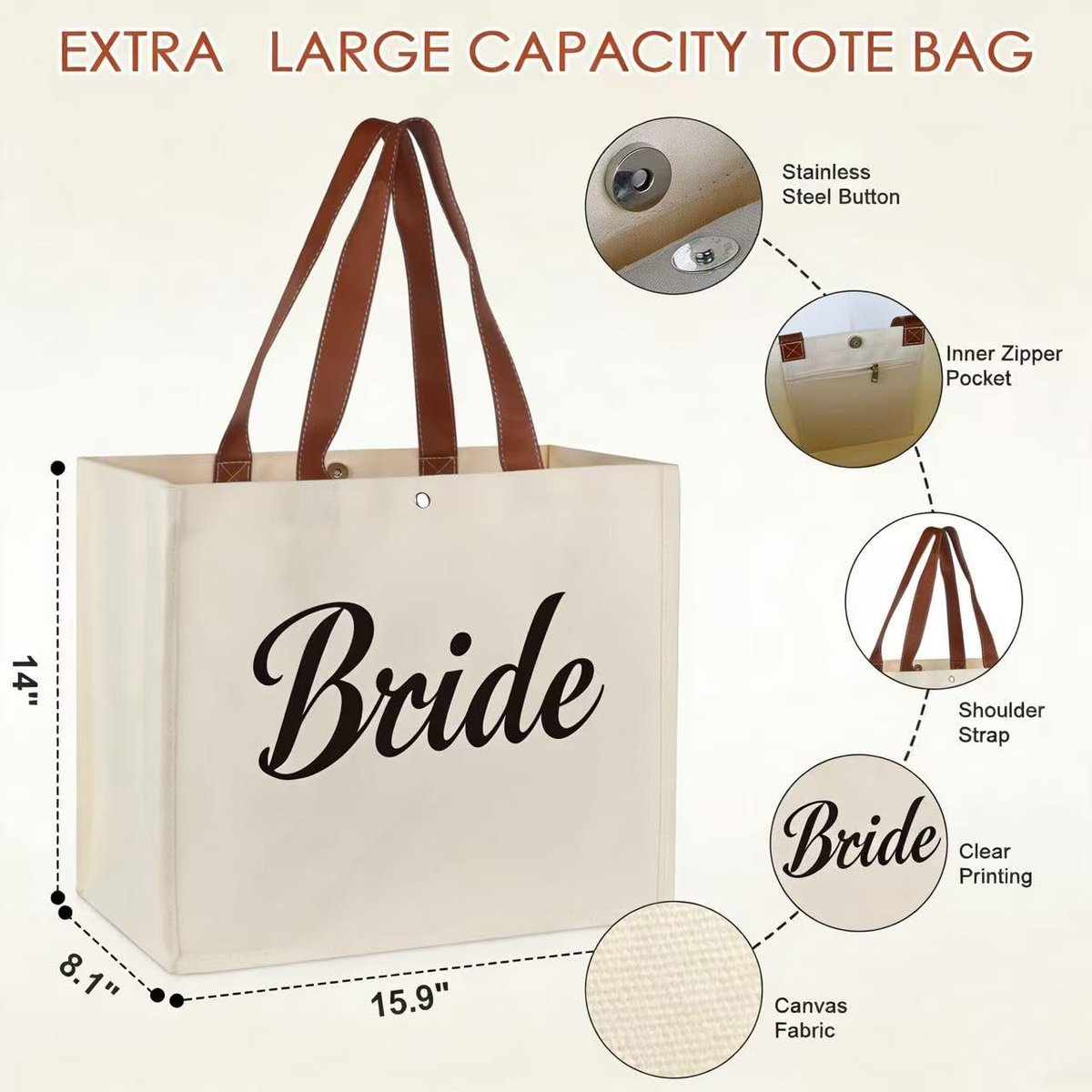 Lukeline Bride Gift Bag Set - 3 Pack Wedding Bride Gifts for Women, Canvas Tote Bag with Makeup Bag for Bridal Shower, Engagement (Beige) - görsel 9