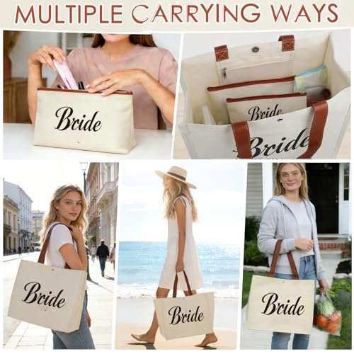 Lukeline Bride Gift Bag Set - 3 Pack Wedding Bride Gifts for Women, Canvas Tote Bag with Makeup Bag for Bridal Shower, Engagement (Beige) - görsel 8