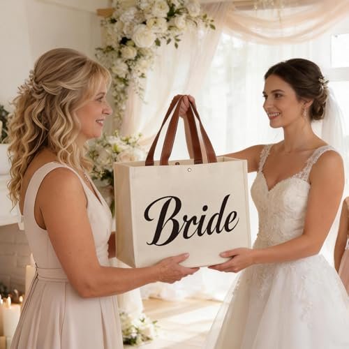 Lukeline Bride Gift Bag Set - 3 Pack Wedding Bride Gifts for Women, Canvas Tote Bag with Makeup Bag for Bridal Shower, Engagement (Beige) - görsel 14