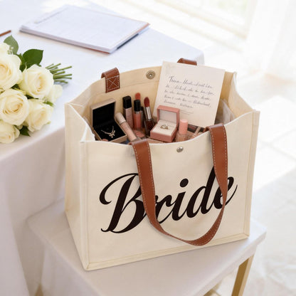 Lukeline Bride Gift Bag Set - 3 Pack Wedding Bride Gifts for Women, Canvas Tote Bag with Makeup Bag for Bridal Shower, Engagement (Beige)