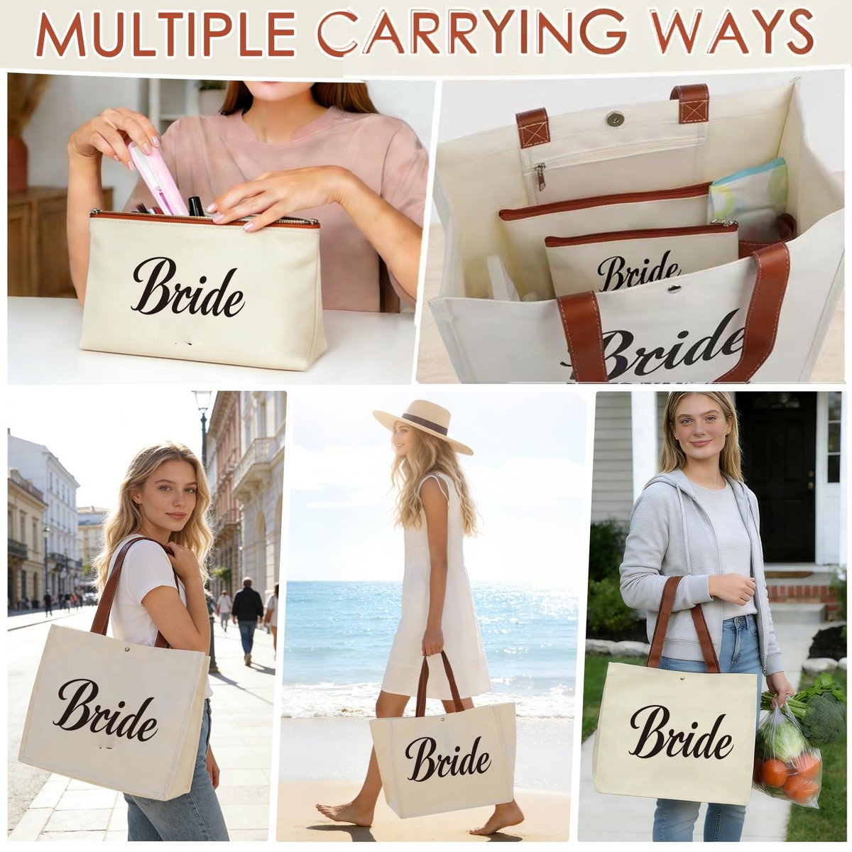 Lukeline Bride Gift Bag Set - 3 Pack Wedding Bride Gifts for Women, Canvas Tote Bag with Makeup Bag for Bridal Shower, Engagement (Beige) - görsel 7