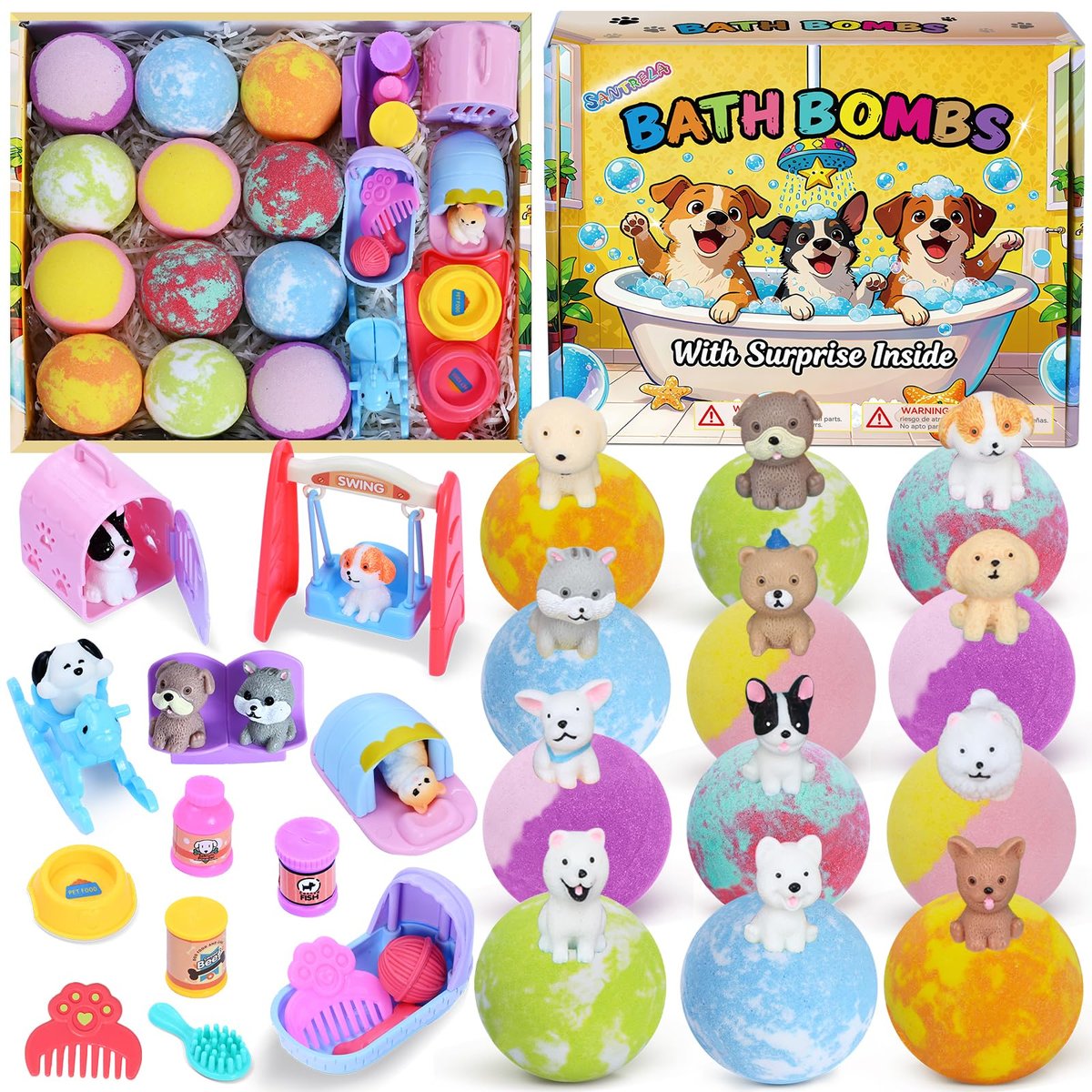 12 Pack Bath Bombs for Kids with Surprise Puppy Toys Inside - Handmade Fizzies with Dog Pretend Playset, Easter Birthday Gifts for Girls Boys Avelisse