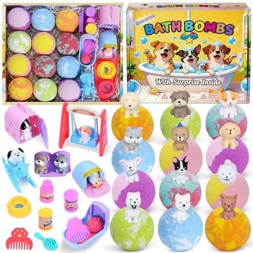 12 Pack Bath Bombs for Kids with Surprise Puppy Toys Inside - Handmade Fizzies with Dog Pretend Playset, Easter Birthday Gifts for Girls Boys Avelisse
