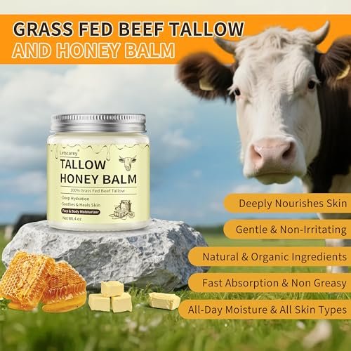 Letscarey Whipped Tallow and Honey Balm for Face – Grass Fed Beef Tallow Moisturizer, Deeply Nourishing Unscented Cream for Dry, Sensitive Skin (4 Fl Oz) - görsel 4