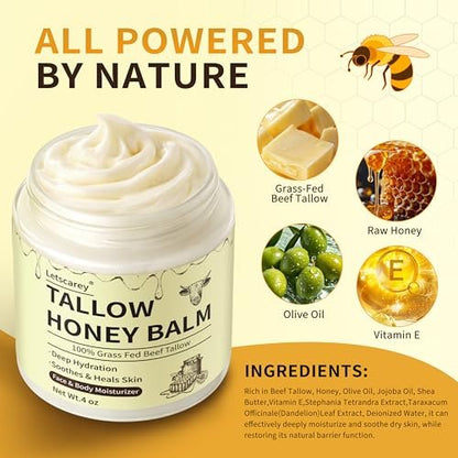 Letscarey Whipped Tallow and Honey Balm for Face – Grass Fed Beef Tallow Moisturizer, Deeply Nourishing Unscented Cream for Dry, Sensitive Skin (4 Fl Oz)