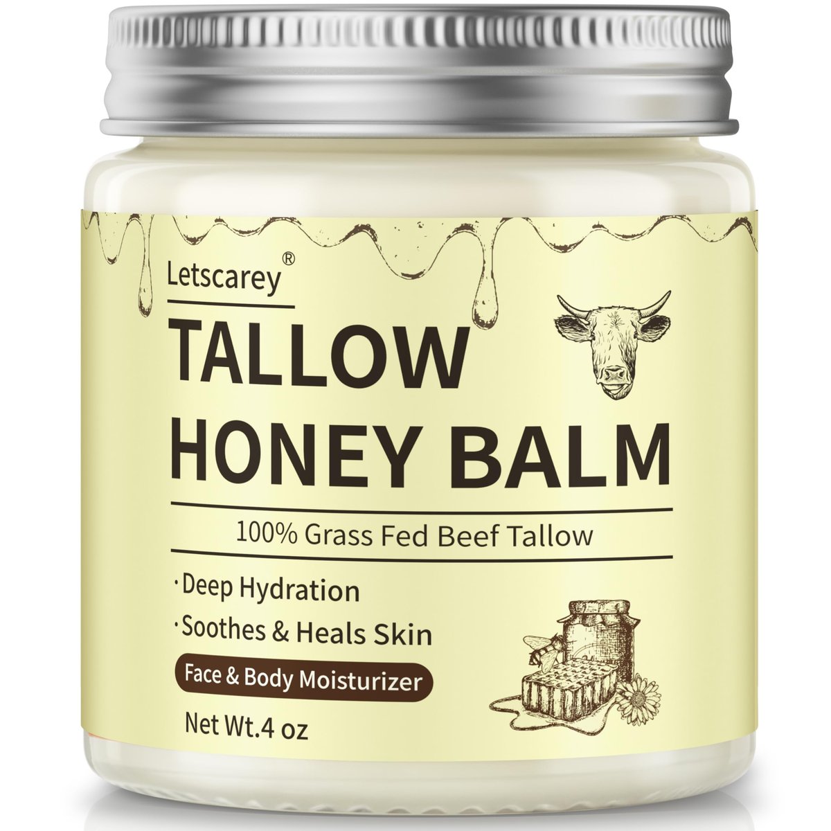 Letscarey Whipped Tallow and Honey Balm for Face – Grass Fed Beef Tallow Moisturizer, Deeply Nourishing Unscented Cream for Dry, Sensitive Skin (4 Fl Oz) - görsel 1