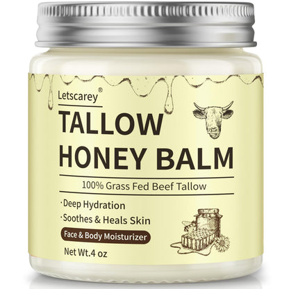 Letscarey Whipped Tallow and Honey Balm for Face – Grass Fed Beef Tallow Moisturizer, Deeply Nourishing Unscented Cream for Dry, Sensitive Skin (4 Fl Oz)