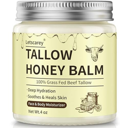 Letscarey Whipped Tallow and Honey Balm for Face – Grass Fed Beef Tallow Moisturizer, Deeply Nourishing Unscented Cream for Dry, Sensitive Skin (4 Fl Oz)