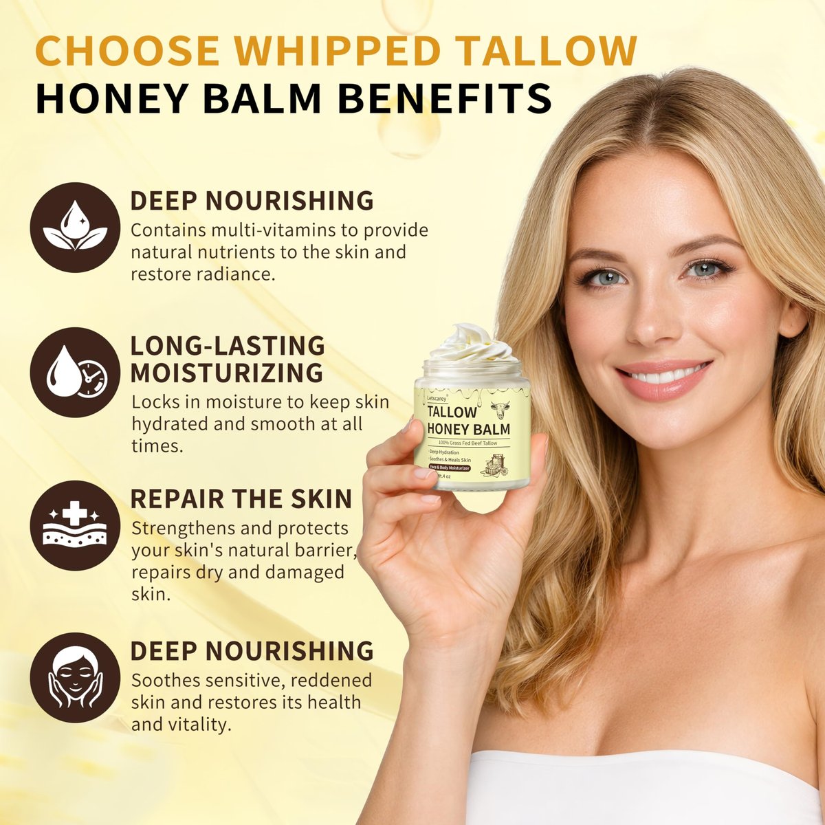 Letscarey Whipped Tallow and Honey Balm for Face – Grass Fed Beef Tallow Moisturizer, Deeply Nourishing Unscented Cream for Dry, Sensitive Skin (4 Fl Oz) - görsel 9