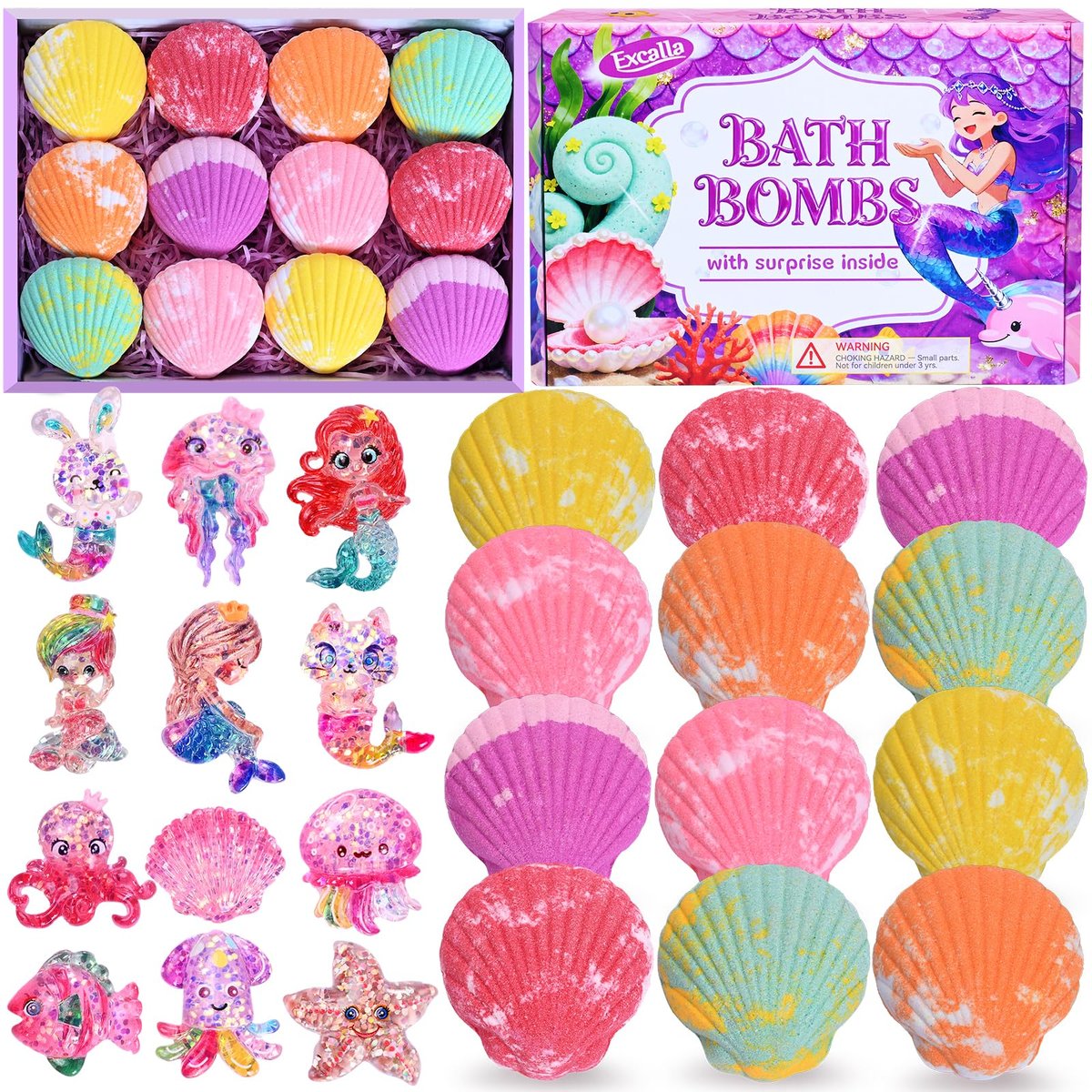 Excalla 12-Piece Bath Bombs for Kids with Surprise Mermaid Toys Inside – Handmade Shell Bubble Bath Kit, Birthday, Christmas, Easter Party Favors for Girls Ages 4-8 Avelisse