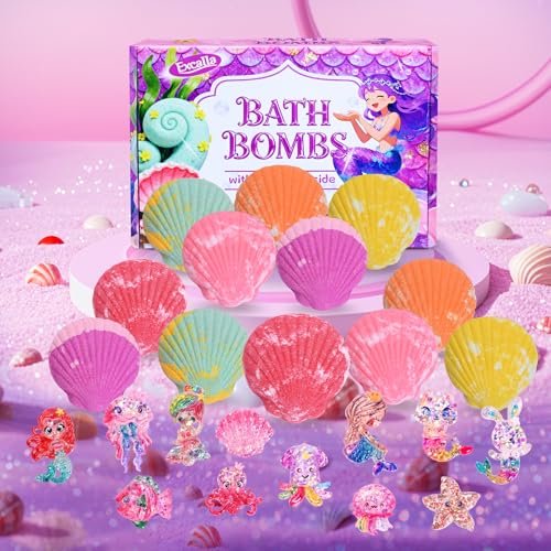 Excalla 12-Piece Bath Bombs for Kids with Surprise Mermaid Toys Inside – Handmade Shell Bubble Bath Kit, Birthday, Christmas, Easter Party Favors for Girls Ages 4-8 Avelisse