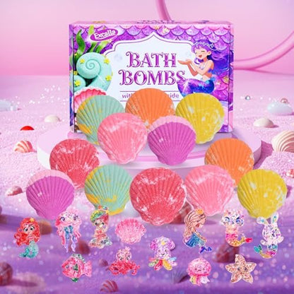 Excalla 12-Piece Bath Bombs for Kids with Surprise Mermaid Toys Inside – Handmade Shell Bubble Bath Kit, Birthday, Christmas, Easter Party Favors for Girls Ages 4-8 Avelisse