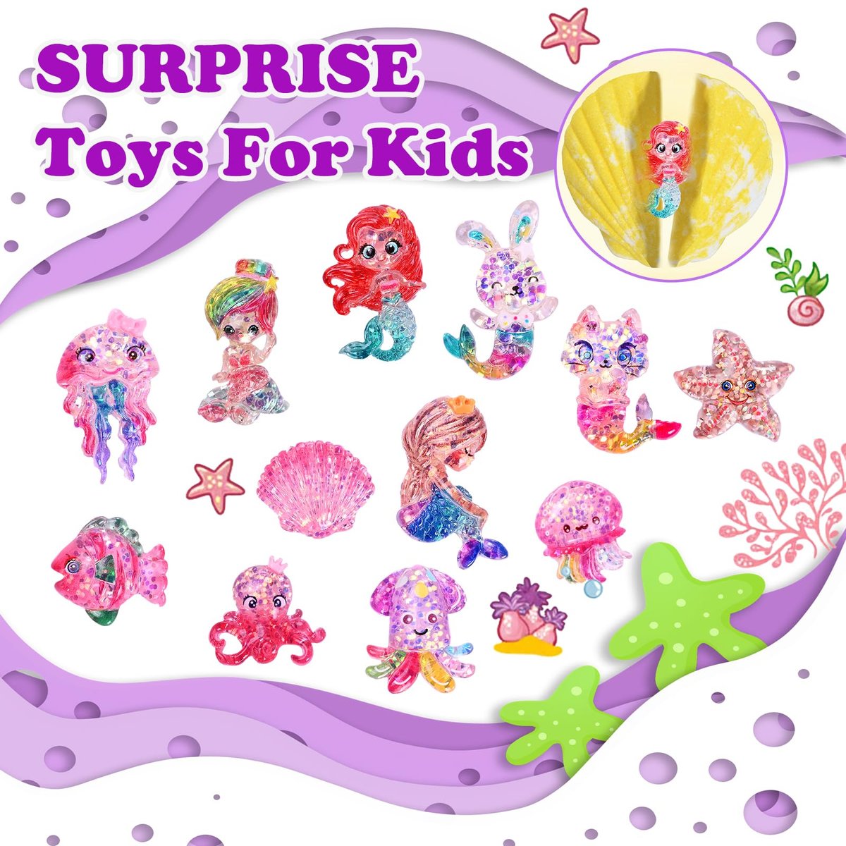 Excalla 12-Piece Bath Bombs for Kids with Surprise Mermaid Toys Inside – Handmade Shell Bubble Bath Kit, Birthday, Christmas, Easter Party Favors for Girls Ages 4-8 Avelisse