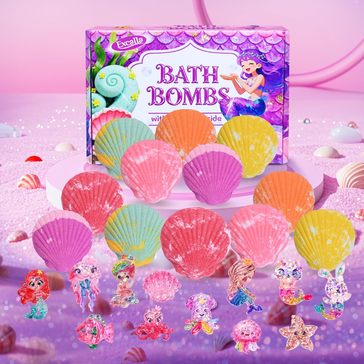 Excalla 12-Piece Bath Bombs for Kids with Surprise Mermaid Toys Inside – Handmade Shell Bubble Bath Kit, Birthday, Christmas, Easter Party Favors for Girls Ages 4-8 Avelisse