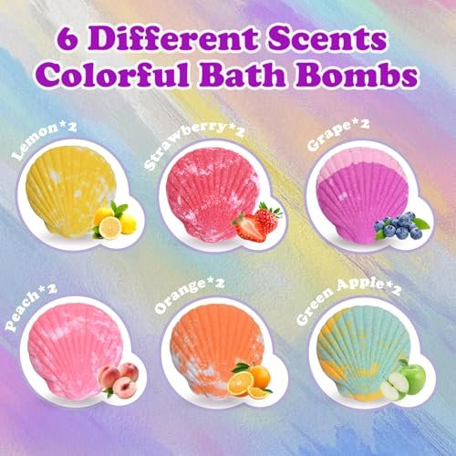 Excalla 12-Piece Bath Bombs for Kids with Surprise Mermaid Toys Inside – Handmade Shell Bubble Bath Kit, Birthday, Christmas, Easter Party Favors for Girls Ages 4-8 Avelisse