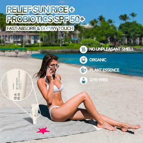 Relief Sun Organic Sunscreen SPF50+ PA++++ - Korean Rice Probiotics Sunscreen for All Skin Types, Moisturizing UV Defense 1.7 fl oz Avelisse