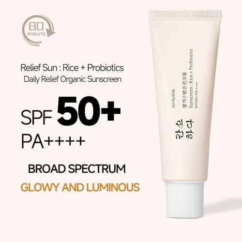 Relief Sun Organic Sunscreen SPF50+ PA++++ - Korean Rice Probiotics Sunscreen for All Skin Types, Moisturizing UV Defense 1.7 fl oz Avelisse