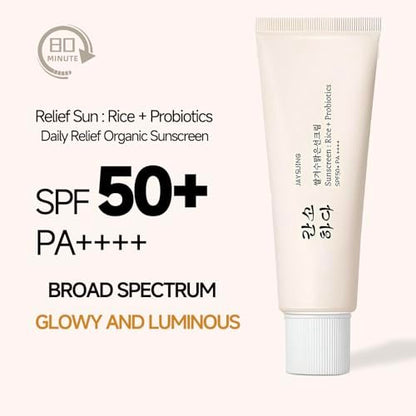 Relief Sun Organic Sunscreen SPF50+ PA++++ - Korean Rice Probiotics Sunscreen for All Skin Types, Moisturizing UV Defense 1.7 fl oz Avelisse