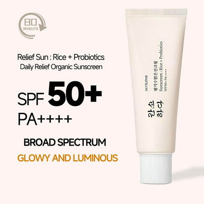 Relief Sun Organic Sunscreen SPF50+ PA++++ - Korean Rice Probiotics Sunscreen for All Skin Types, Moisturizing UV Defense 1.7 fl oz Avelisse